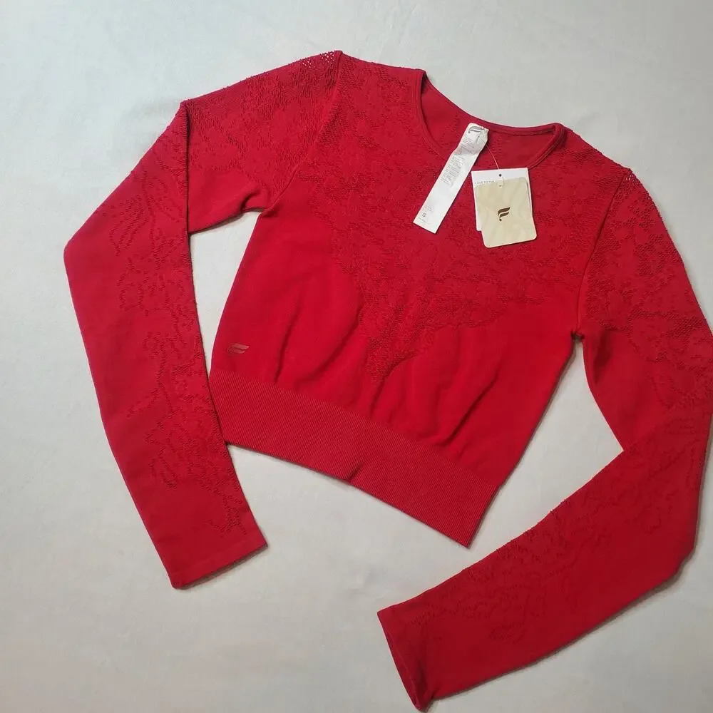 Fabletics Womens Size S NWT Seamless Lace Top Floral Long Sleeve Red LS1935477